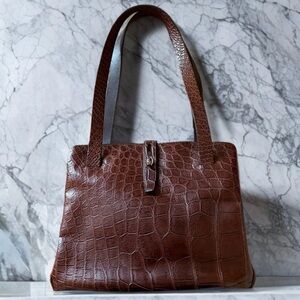 Mauro Governa Made in Italy Croc Embossed Leather Tote Brown Suede Lined